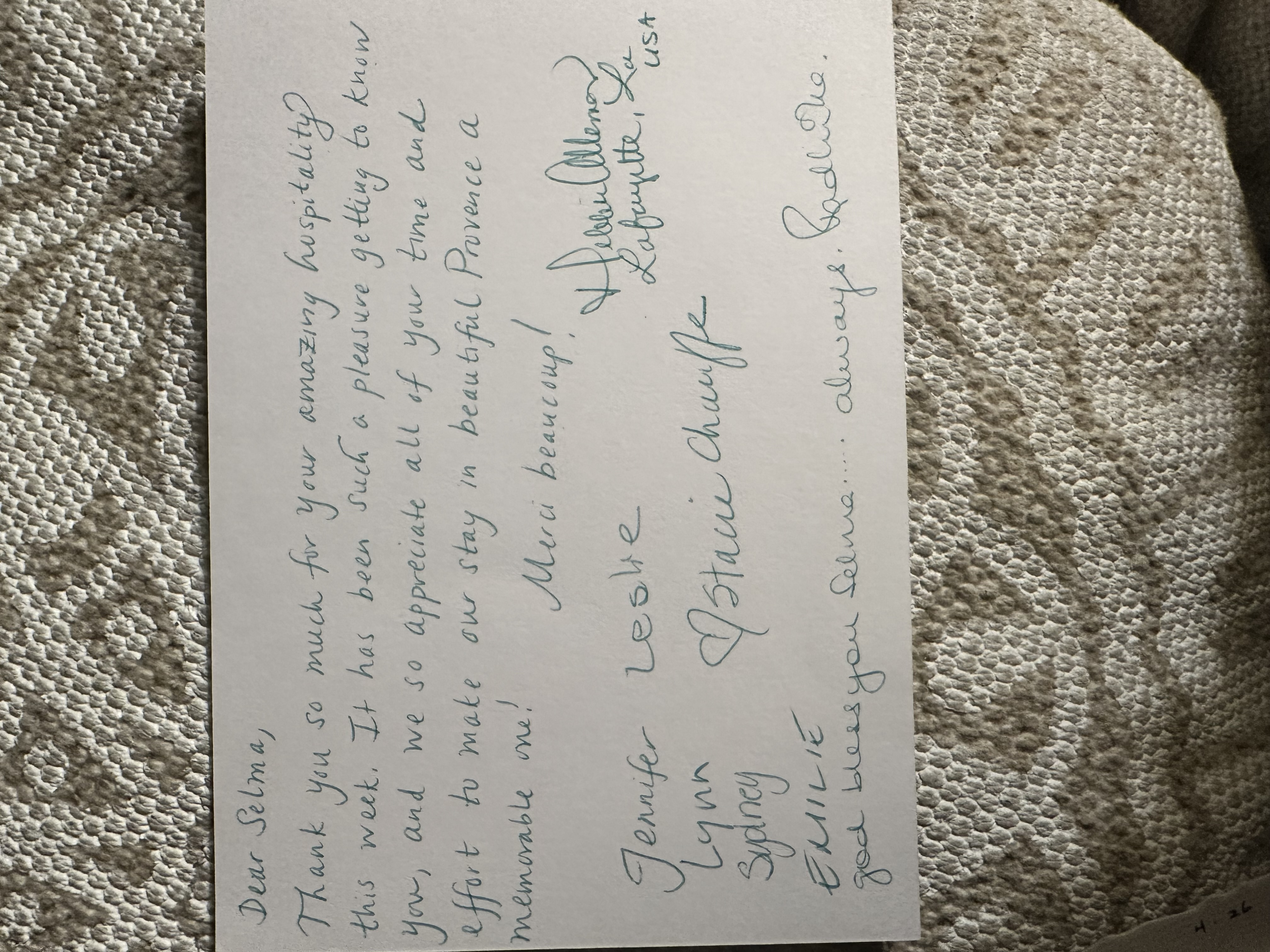Lettre de Jennifer, Lynn, Sydney & Billie — Lafayette, USA