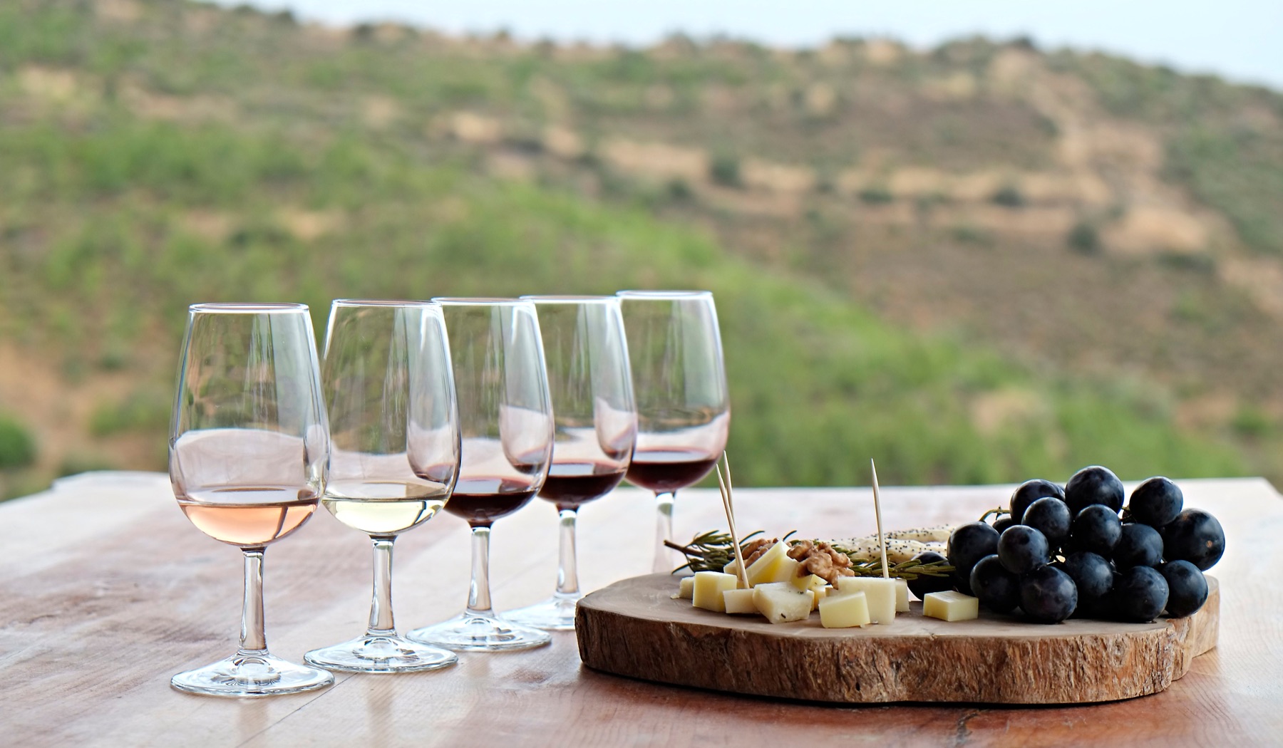 Dégustation de vins rosés, blancs et rouges face aux collines — Provence