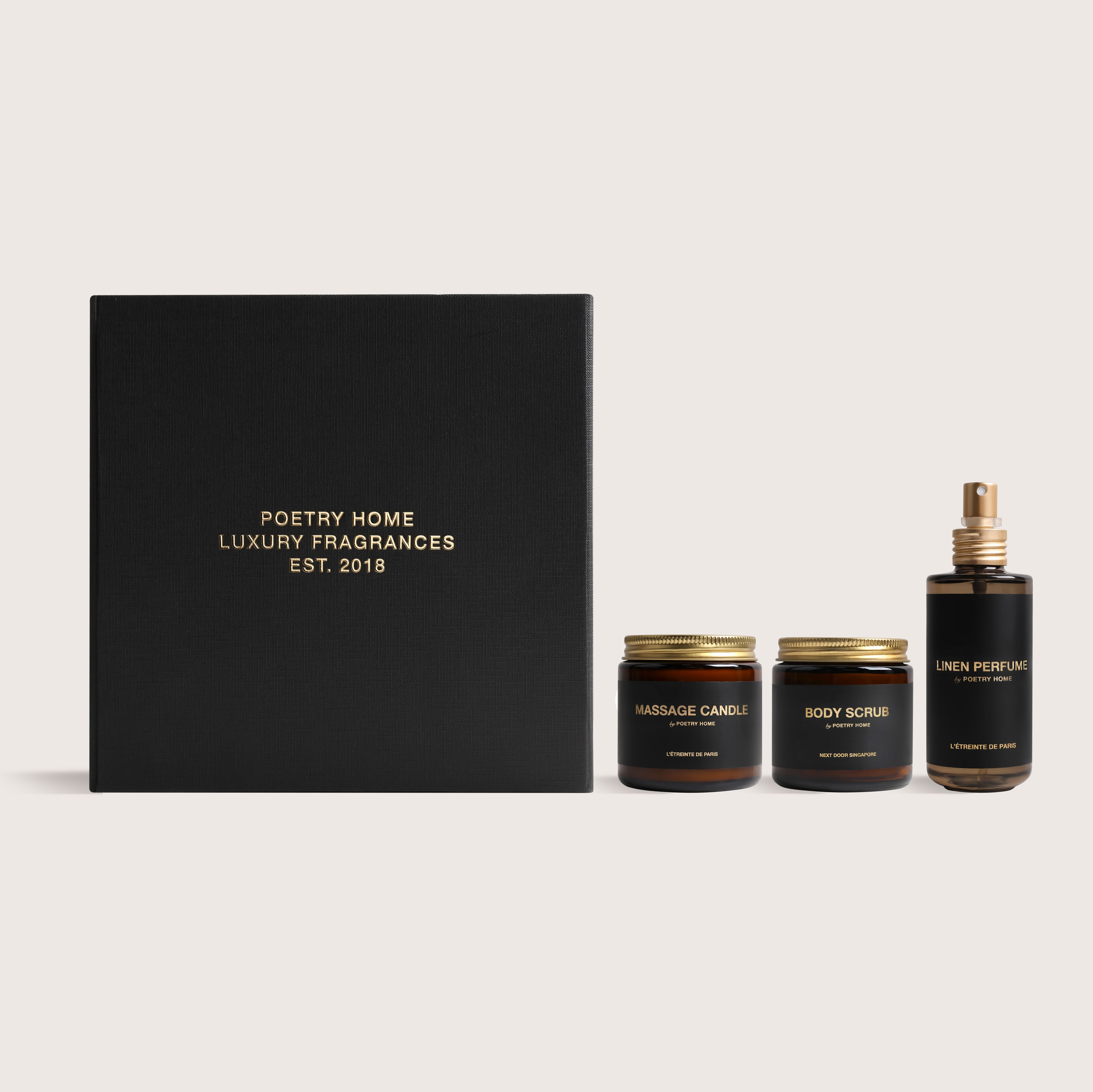 Coffret cadeau Poetry Home — bougie, gommage, parfum de linge